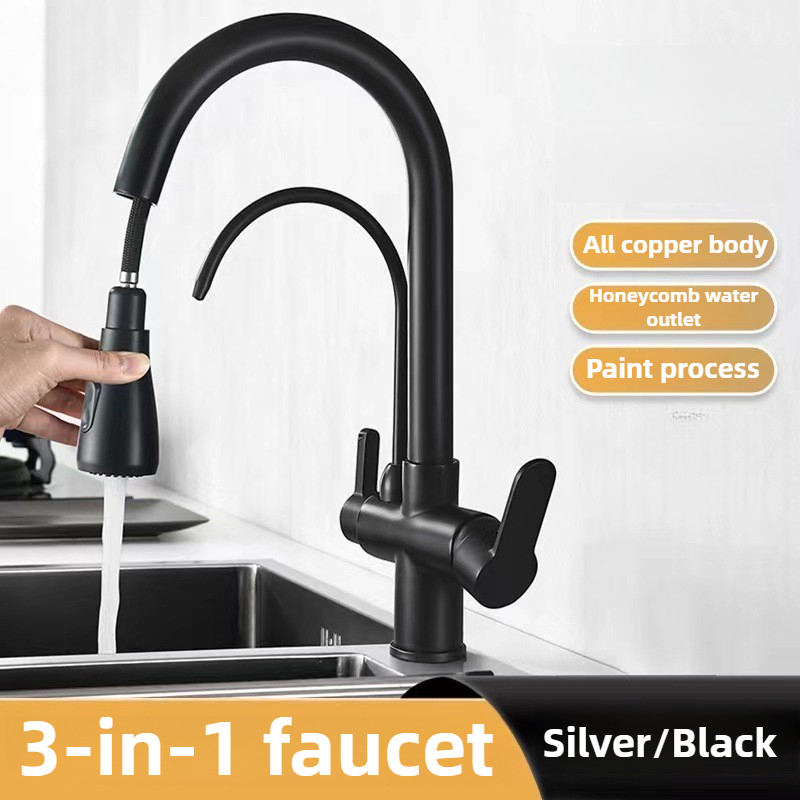 Commercial Kitchen Water Filter - 業務用キッチン蛇口、デュアル機能プルダウンスプレーヤー付き、3 in 1浄水器蛇口、ホース付き混合蛇口