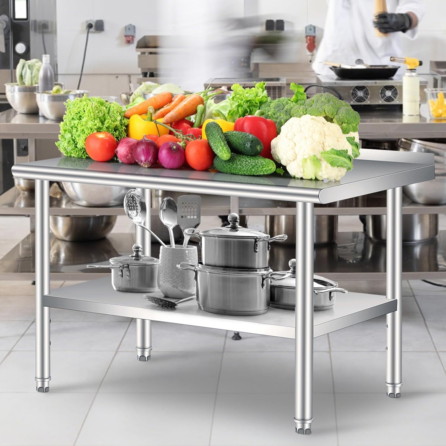 Commercial Kitchen Backsplash - 60 x 24インチのステンレス製調理台（バックパネル付き）、業務用ヘビーデューティーワークテーブル（調整可能な下棚付き）、キッチン、レストラン、屋外BBQ、ガレージ、作業場用の食品調理ステーション