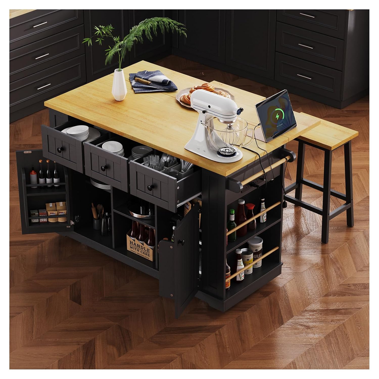Commercial Kitchen Outlets - 53インチのローリングキッチンアイランドカート、ドロップリーフ付き、コンセント、3つの引き出し、2つのキャビネット、5つのロック可能なホイール、モバイル収納