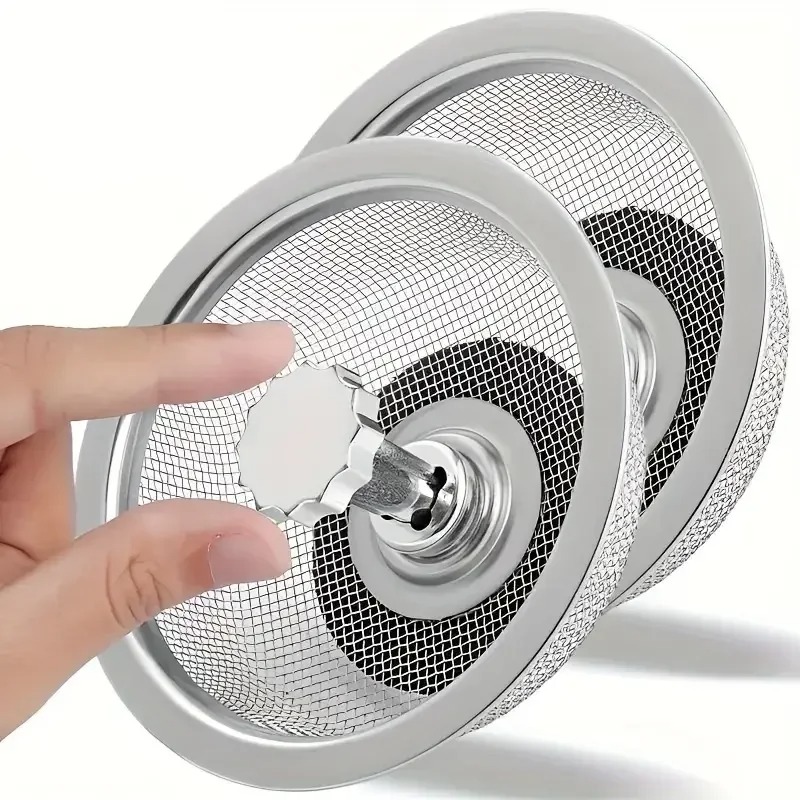 Commercial Kitchen Bin - 2セット キッチンシンクストレーナー ハンドルとストッパー付き 交換用排水バスケット ステンレススチールメッシュフィルター 排水穴
