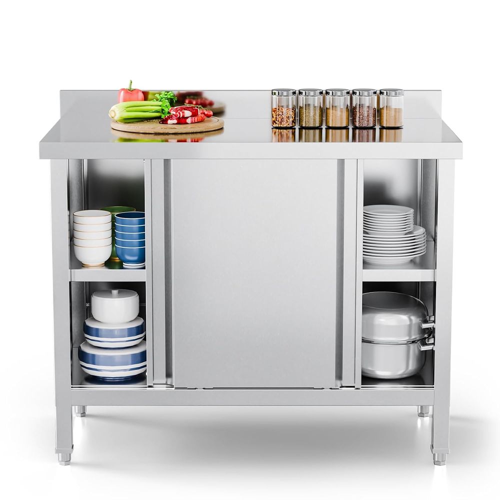Commercial Kitchen Backsplash - ステンレス製キャビネット付きテーブル 39インチ x 19インチ、業務用プレテーブル（バックパネル付き）、頑丈な作業台（スライドドア2枚付き）、大型スペース