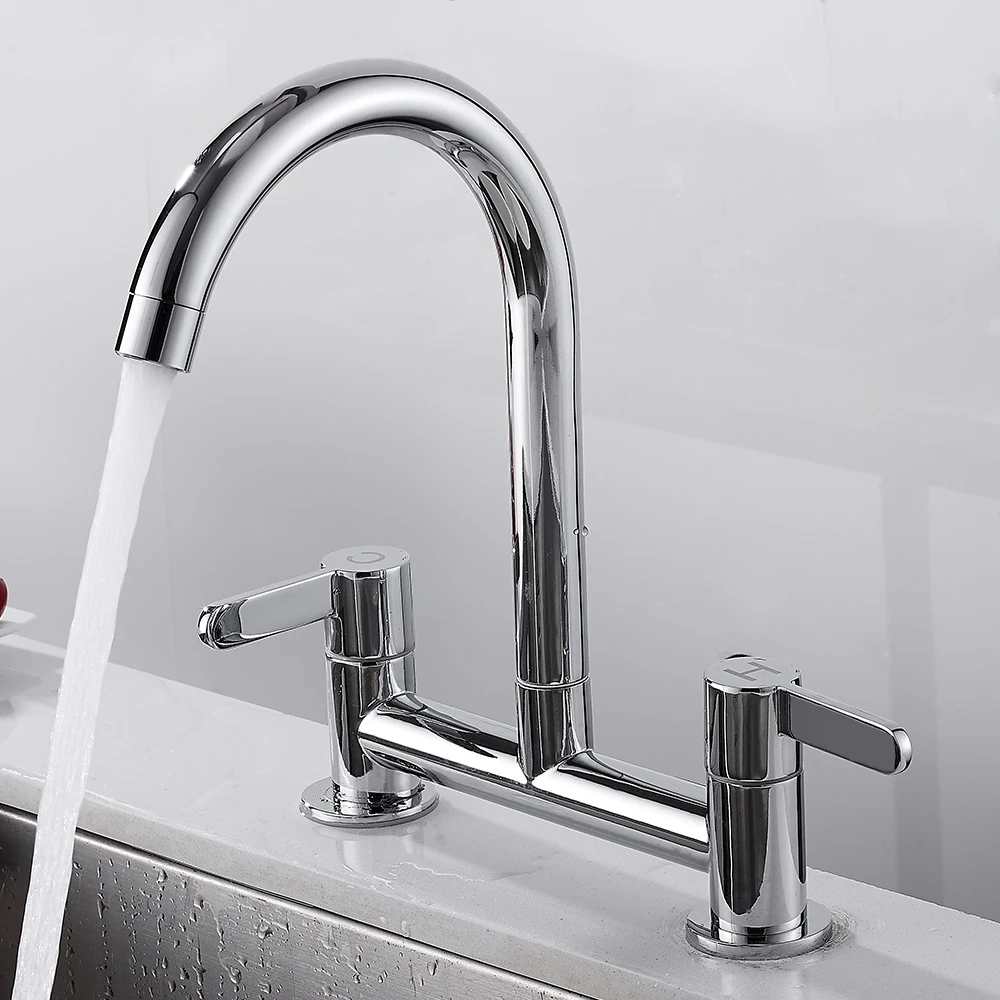 Commercial Kitchen Taps - モダンなダブルハンドル真ちゅう製シンクタップ、360 ° スイベルスパウト、ミキシング蛇口、シンク用バスルーム蛇口、デッキマウント、キッチン