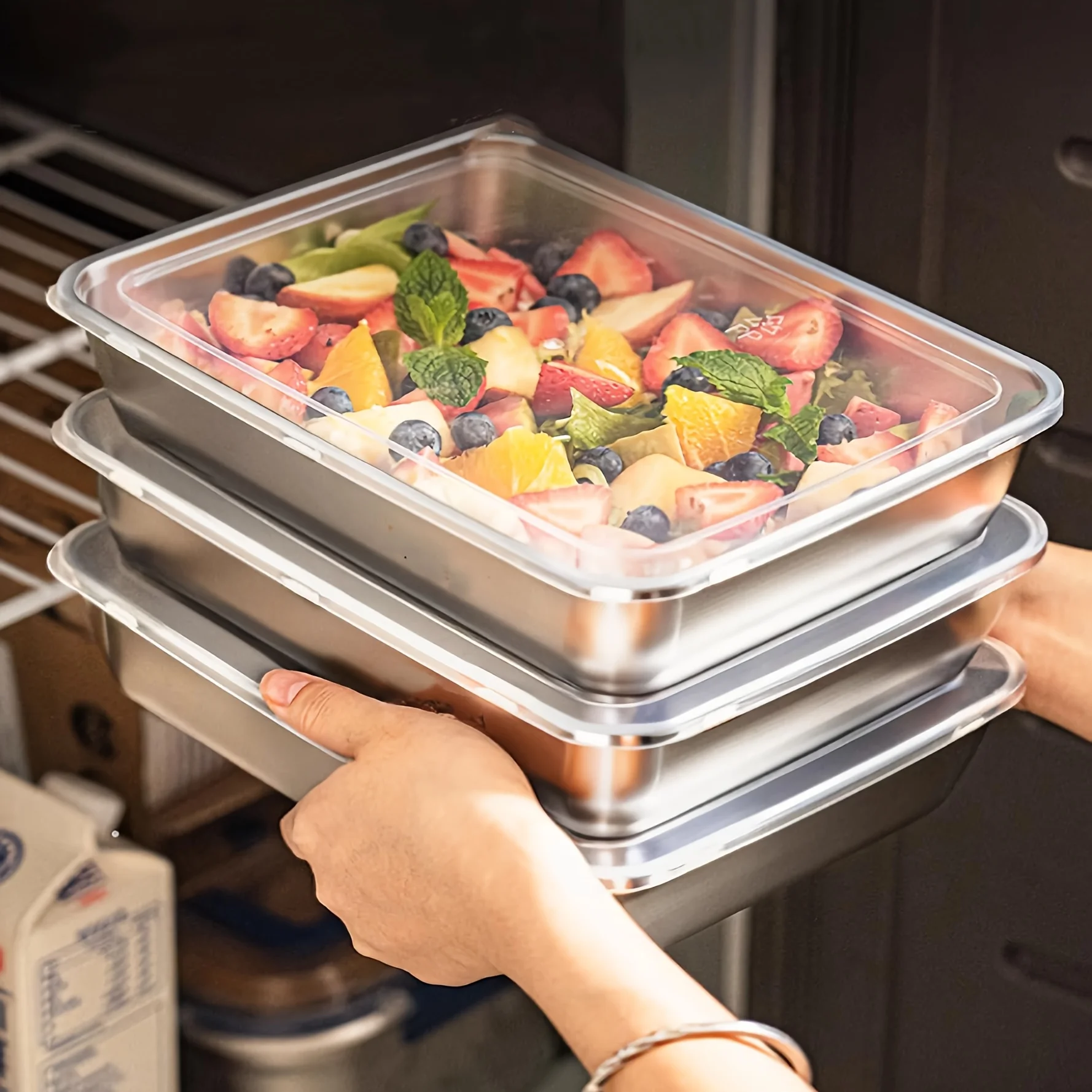 Commercial Kitchen Setup - 3個入りステンレス製食品容器＆ランチボックス、漏れ防止スタッカブルクリア蓋、キッチン用品とキャンプ用アクセサリー