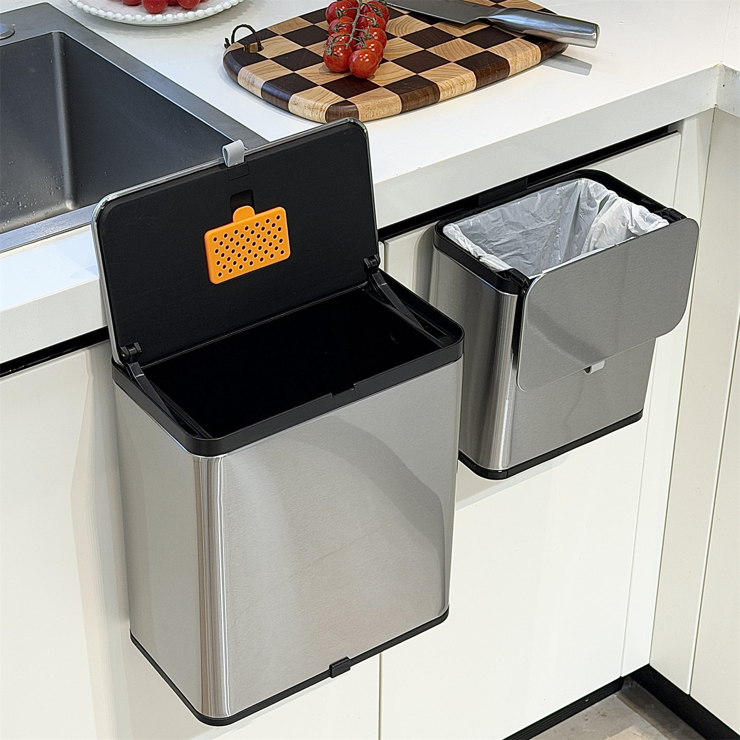 Commercial Kitchen Bin - ステンレス製吊り下げ式キッチンゴミ箱 キャビネットドア取り付けゴミ箱 壁掛け食品廃棄物容器 家庭用キッチン向け
