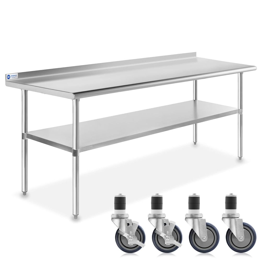 Commercial Kitchen Backsplash - ステンレススチールテーブル 72インチ x 30 インチ、NS 業務用キッチン準備および作業テーブル（バックパネルと車輪付き）