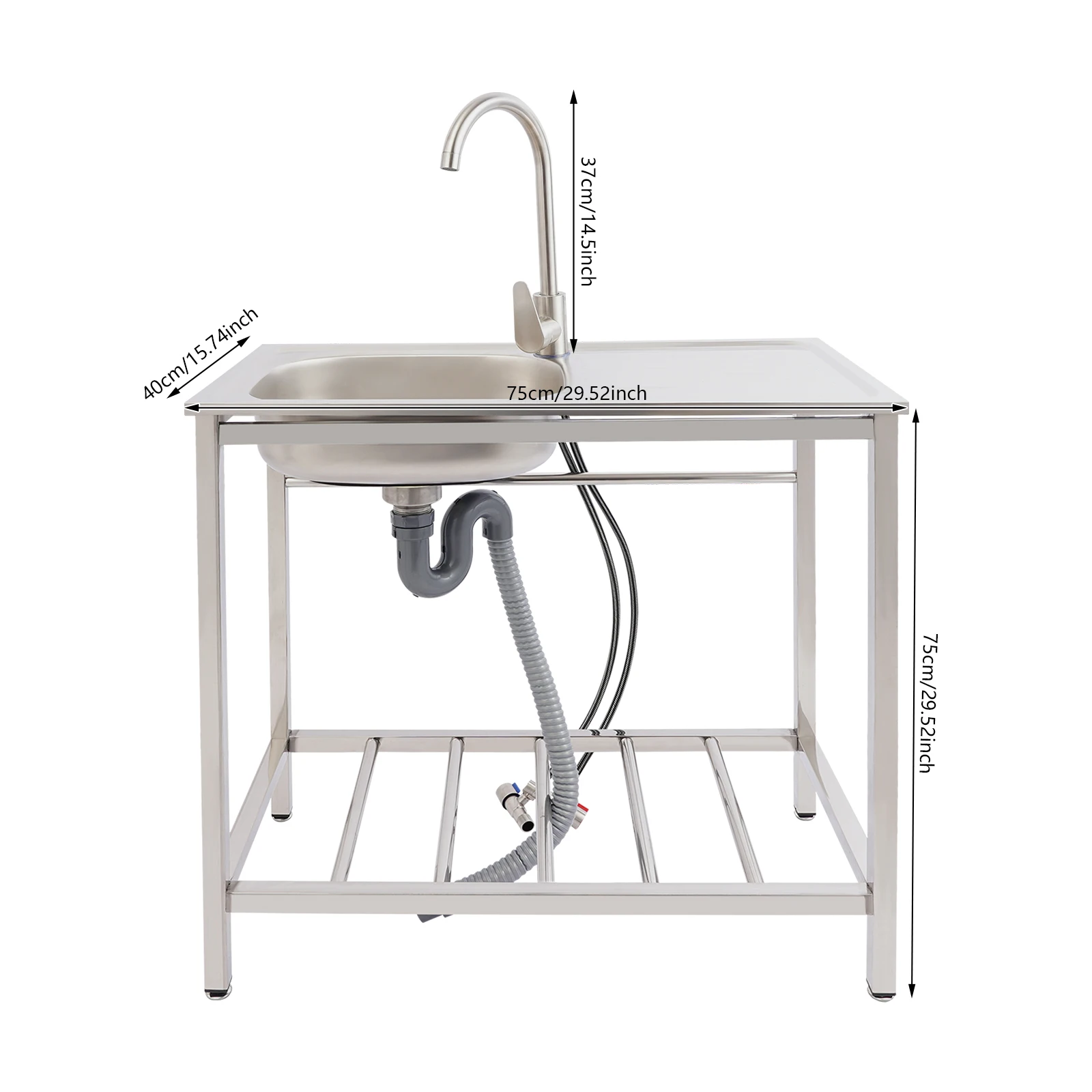 ステンレス製自立式キッチンシンク、収納棚付き（1段棚）、屋外 - Commercial Kitchen Taps のレビューと価格