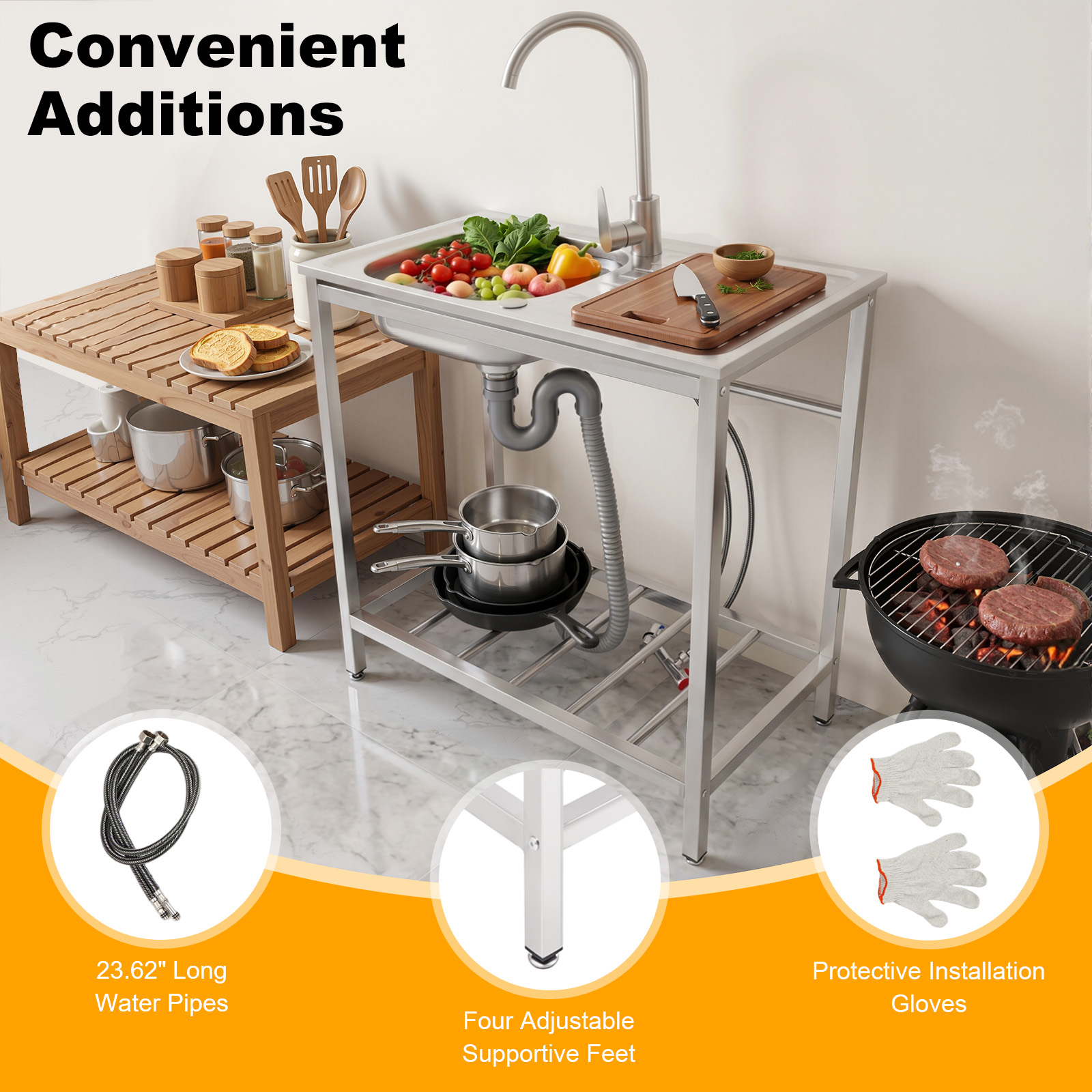 ステンレス製自立式キッチンシンク、収納棚付き（1段棚）、屋外 - Commercial Kitchen Taps のレビューと価格