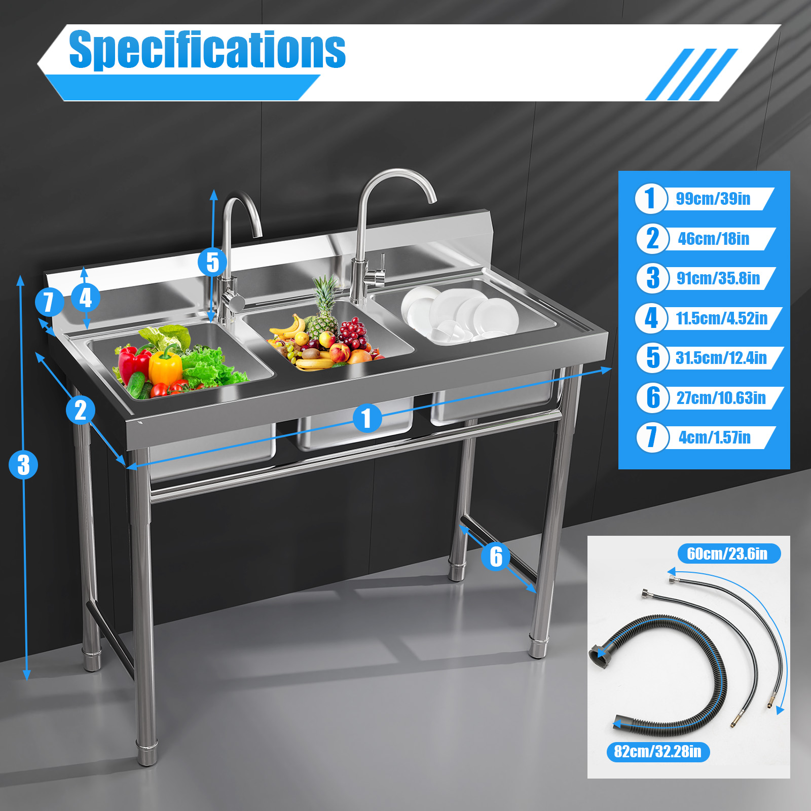 304ステンレス鋼製3槽キッチンシンク シルバー モダン 2 - Commercial Kitchen Taps のレビューと価格