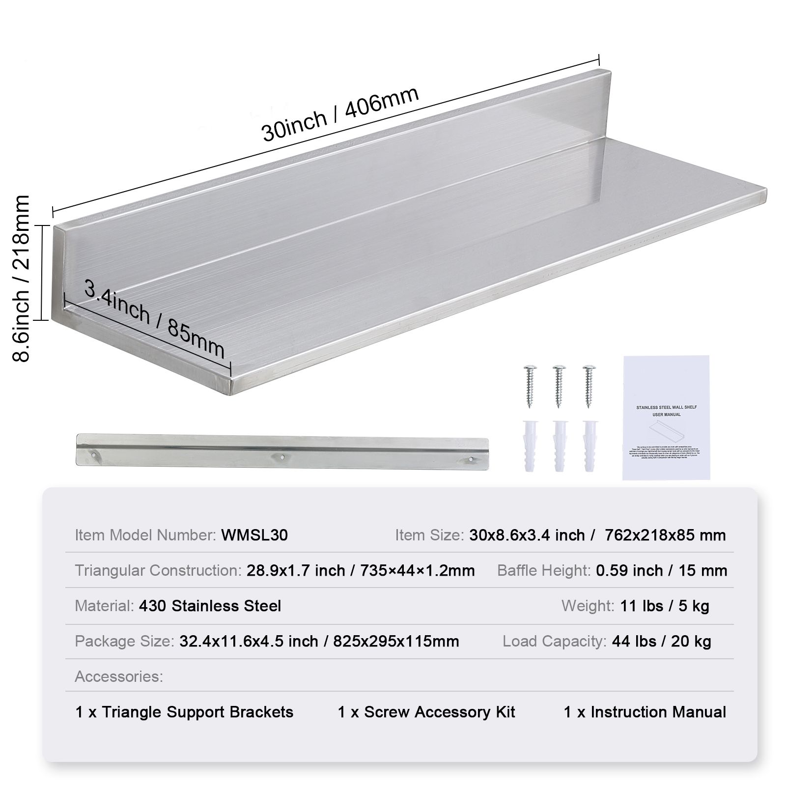 8.6インチ x 30インチ ステンレススチール製棚、背面ガ - Commercial Kitchen Backsplash のレビューと価格